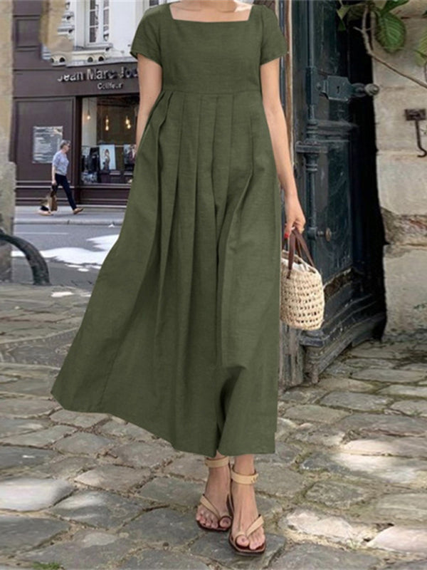 Long skirt swing sundress short sleeves square neck elegant and casual