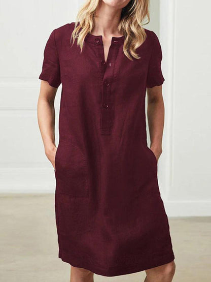 Women's Loose Button Short Sleeve Mid Length Dress