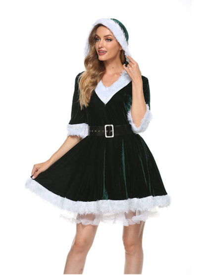 Christmas plush hooded sexy dress Puffy high waist skirt (belt included)