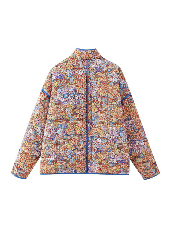 Flower print loose pocket quilted jacket for women