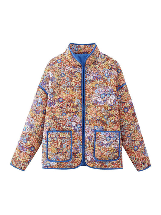 Autumn and winter flower print loose pocket quilted jacket for women