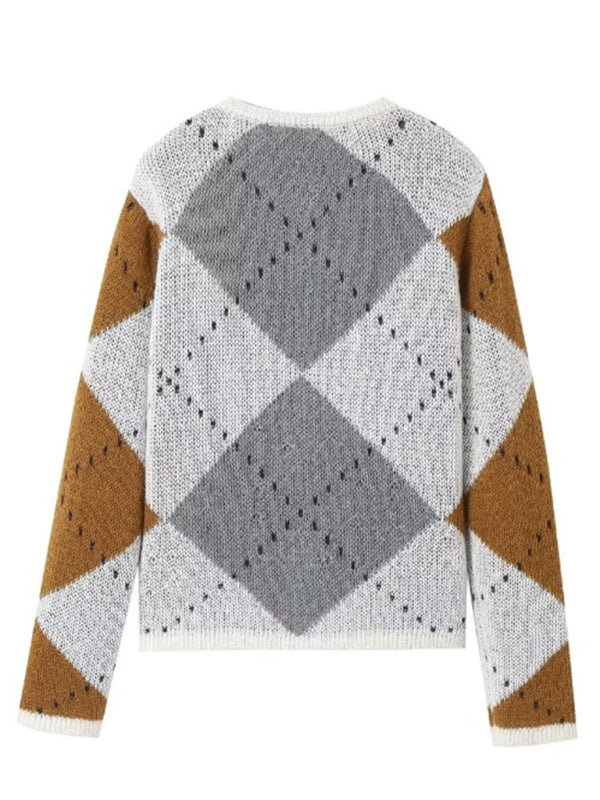 Women's Casual College Style Diamond Check Cardigan Sweater