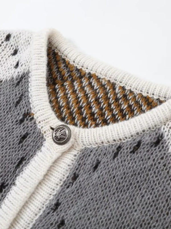 Women's Casual College Style Diamond Check Cardigan Sweater