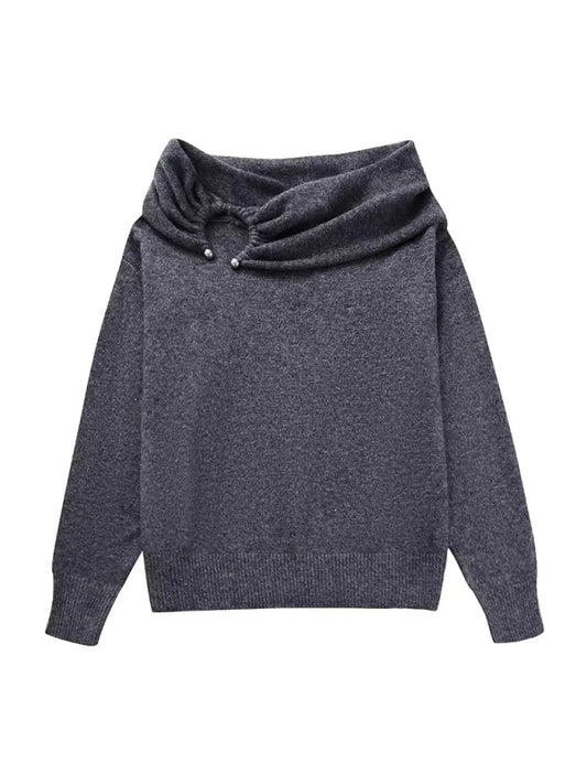 Women's new pleated long-sleeved stretch versatile knitted pullover sweater
