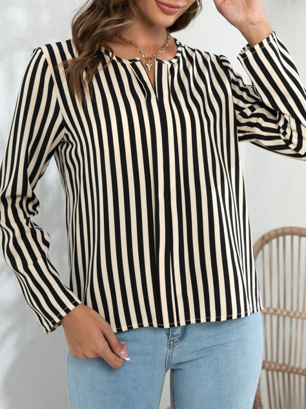 Long Sleeve Round Neck Striped Print Blouse