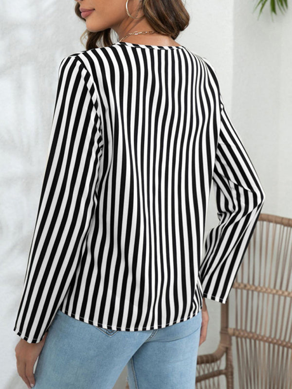 Long Sleeve Round Neck Striped Print Blouse
