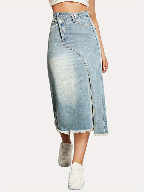 Versatile retro denim slit splicing mid-length a-line skirt