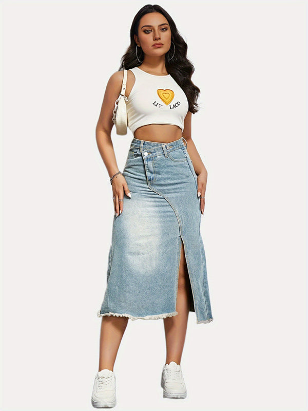 Versatile retro denim slit splicing mid-length a-line skirt