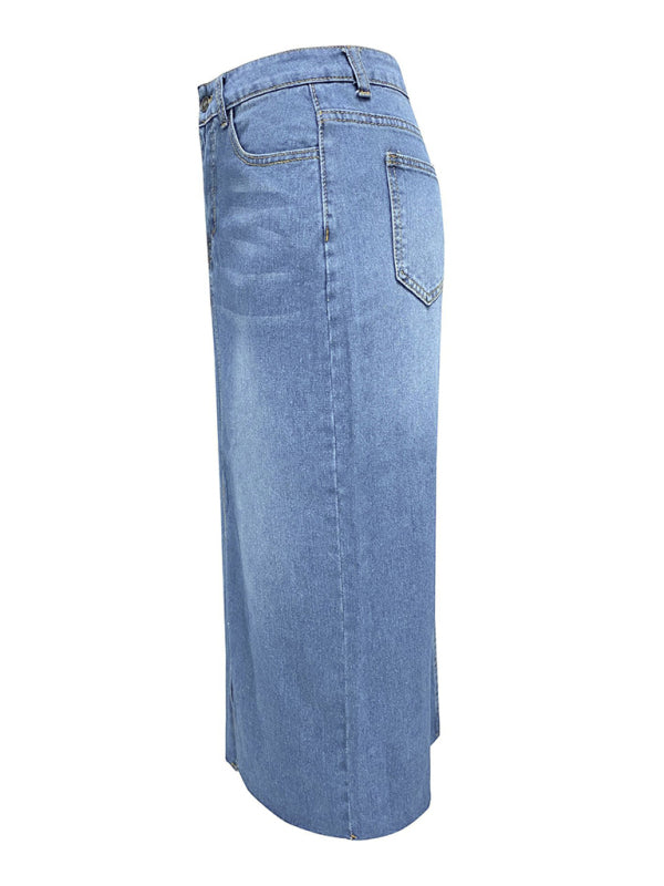 Front slit denim high waist a line mid length skirt