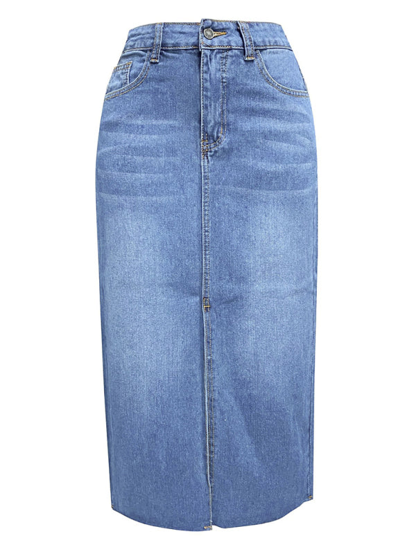 Front slit denim high waist a line mid length skirt