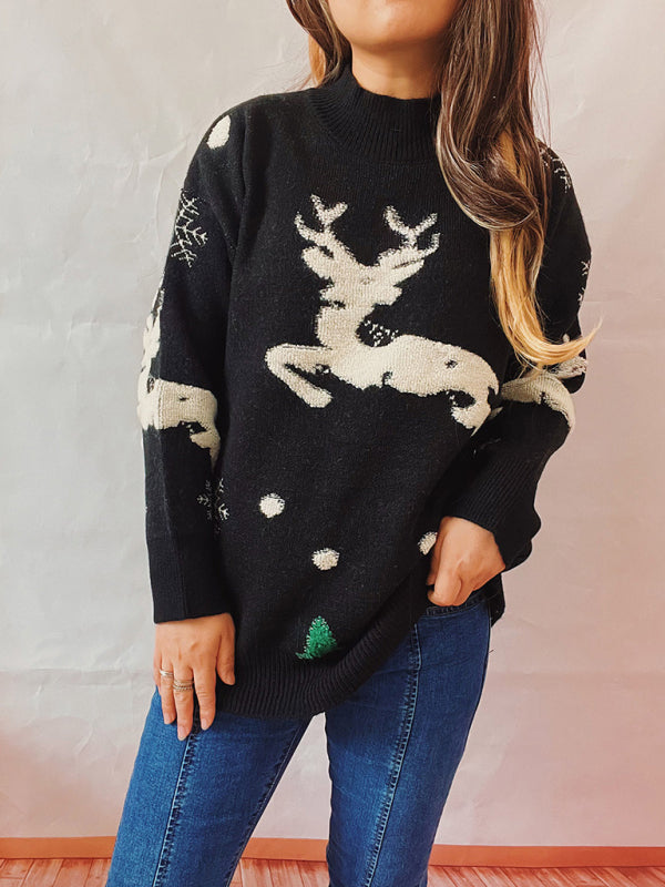 Women's Christmas Tree Fawn Festive Long Sleeve Crew Neck Knit Pullover New Year Christmas Sweater