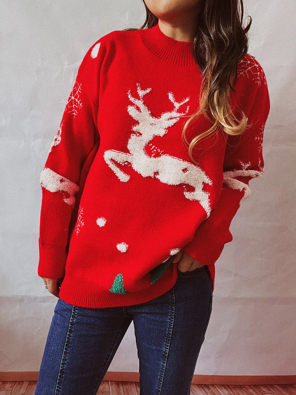 Women's Christmas Tree Fawn Festive Long Sleeve Crew Neck Knit Pullover New Year Christmas Sweater