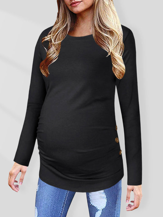 Round neck long sleeve button decorated maternity tops T